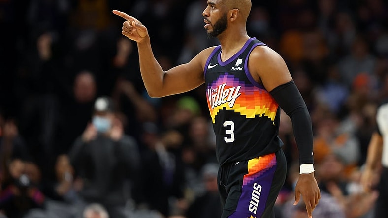 Feb 1, 2022; Phoenix, Arizona, USA; Phoenix Suns guard Chris Paul (3) reacts against the Brooklyn Nets at Footprint Center. Mandatory Credit: Mark J. Rebilas-USA TODAY Sports