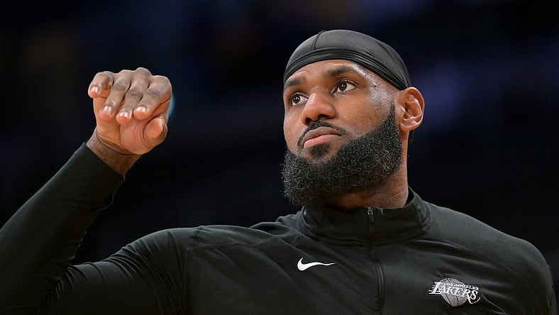 Feb 5, 2022; Los Angeles, California, USA;   Los Angeles Lakers forward LeBron James (6) as he warms up before the game against the New York Knicks at Crypto.com Arena. Mandatory Credit: Jayne Kamin-Oncea-USA TODAY Sports