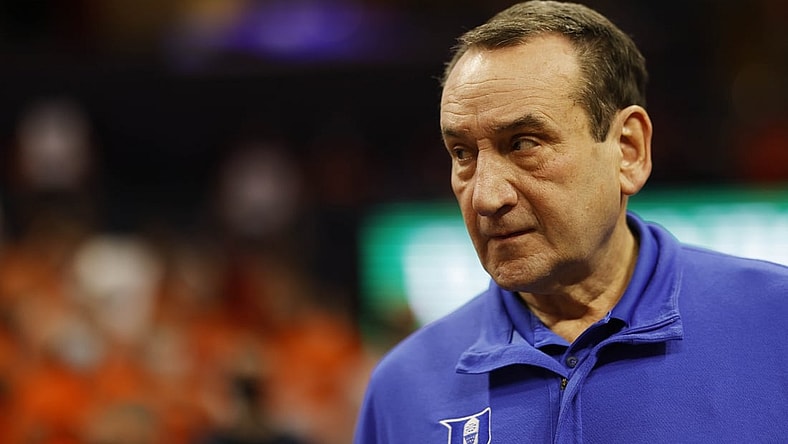 Feb 23, 2022; Charlottesville, Virginia, USA; Duke Blue Devils head coach Mike Krzyzewski walks onto the court for the final time at John Paul Jones Arena prior to the game against the Virginia Cavaliers. Mandatory Credit: Geoff Burke-USA TODAY Sports