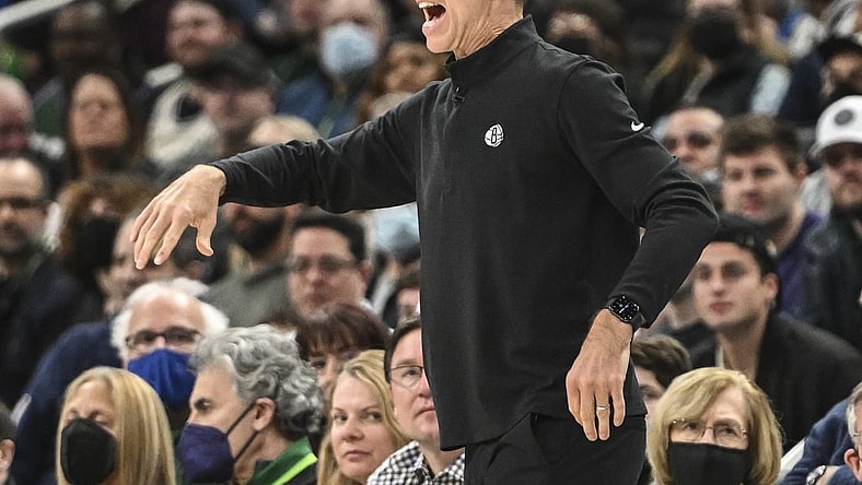 Feb 26, 2022; Milwaukee, Wisconsin, USA; Brooklyn Nets head coach Steve Nash calls a play in the third quarter against the Milwaukee Bucks at Fiserv Forum. Mandatory Credit: Benny Sieu-USA TODAY Sports