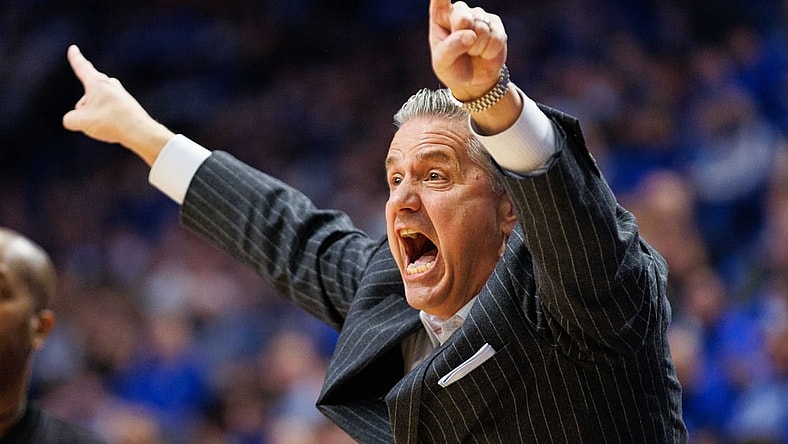 Feb 23, 2022; Lexington, Kentucky, USA; Kentucky Wildcats head coach John Calipari yells to his players during the first half against the LSU Tigers at Rupp Arena at Central Bank Center. Mandatory Credit: Jordan Prather-USA TODAY Sports