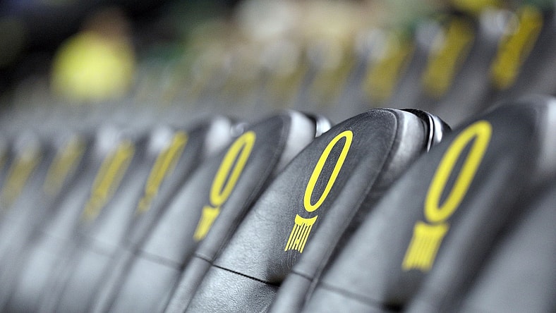 Jan 23, 2020; Eugene, Oregon, USA; A general view of the Oregon Ducks logo on court side seats prior to the game between the Oregon Ducks and the USC Trojans at Matthew Knight Arena. Mandatory Credit: Soobum Im-USA TODAY Sports