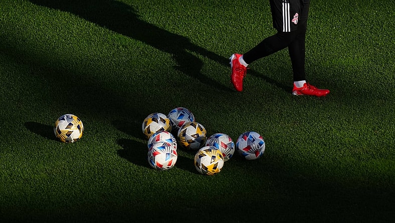 Sep 25, 2021; Commerce City, Colorado, USA; General view of MLS Adidas soccer balls on the pitch of Dick's Sporting Goods Park before the match between Toronto FC against the Colorado Rapids. Mandatory Credit: Ron Chenoy-USA TODAY Sports