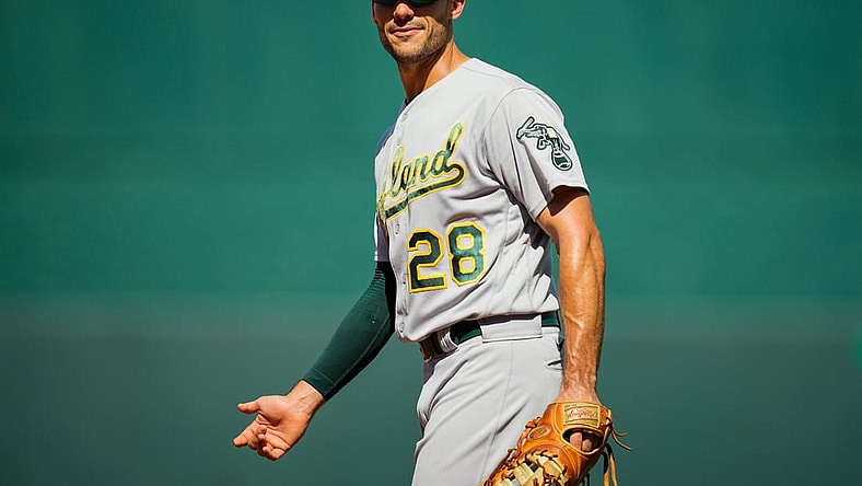 Sep 16, 2021; Kansas City, Missouri, USA; Oakland Athletics first baseman Matt Olson (28) reacts during the third inning against the Kansas City Royals at Kauffman Stadium. Mandatory Credit: Jay Biggerstaff-USA TODAY Sports