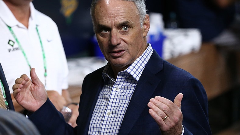 Oct 26, 2021; Houston, TX, USA; MLB commissioner Rob Manfred before game one of the 2021 World Series between the Houston Astros and Atlanta Braves at Minute Maid Park. Mandatory Credit: Troy Taormina-USA TODAY Sports