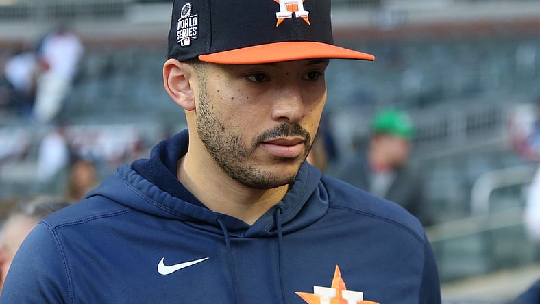 Oct 31, 2021; Atlanta, Georgia, USA; Houston Astros shortstop Carlos Correa (1) during batting practice prior to game five of the 2021 World Series against the Houston Astros at Truist Park. Mandatory Credit: Brett Davis-USA TODAY Sports