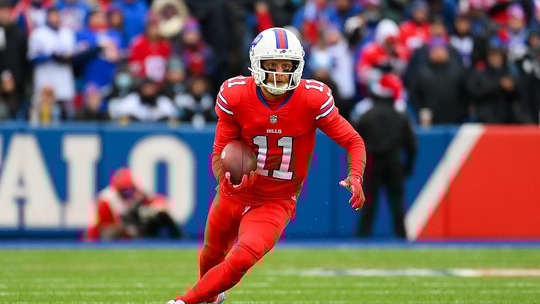 Dec 19, 2021; Orchard Park, New York, USA; Buffalo Bills wide receiver Cole Beasley (11) runs with the ball after a catch against the Carolina Panthers during the first half at Highmark Stadium. Mandatory Credit: Rich Barnes-USA TODAY Sports