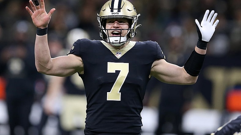 Jan 2, 2022; New Orleans, Louisiana, USA; New Orleans Saints quarterback Taysom Hill (7) gestures as he calls a play in the first quarter against the Carolina Panthers at the Caesars Superdome. Mandatory Credit: Chuck Cook-USA TODAY Sports