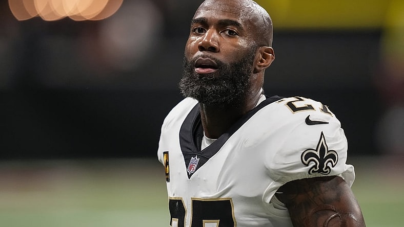 Jan 9, 2022; Atlanta, Georgia, USA; New Orleans Saints safety Malcolm Jenkins (27) on the field after defeating the Atlanta Falcons at Mercedes-Benz Stadium. Mandatory Credit: Dale Zanine-USA TODAY Sports