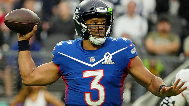 Feb 6, 2022; Paradise, Nevada, USA; NFC quarterback Russel Wilson of the Seattle Seahawks (3) passes the ball against the AFC during the third quarter during the Pro Bowl football game at Allegiant Stadium. Mandatory Credit: Kirby Lee-USA TODAY Sports
