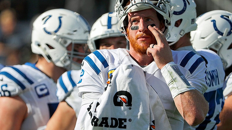 Indianapolis Colts quarterback Carson Wentz (2) presses on one of his eye black strips during the second quarter of the game on Sunday, Jan. 9, 2022, at TIAA Bank Field in Jacksonville, Fla.

The Indianapolis Colts Versus Jacksonville Jaguars On Sunday Jan 9 2022 Tiaa Bank Field In Jacksonville Fla