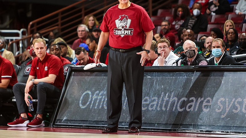 Mar 1, 2022; Columbia, South Carolina, USA; South Carolina Gamecocks head coach Frank Martin directs his team against the Missouri Tigers in the first half at Colonial Life Arena. Mandatory Credit: Jeff Blake-USA TODAY Sports