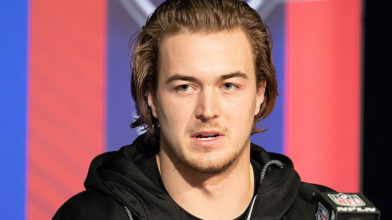 Mar 2, 2022; Indianapolis, IN, USA; Pittsburgh quarterback Kenny Pickett talks to the media during the 2022 NFL Combine. Mandatory Credit: Trevor Ruszkowski-USA TODAY Sports