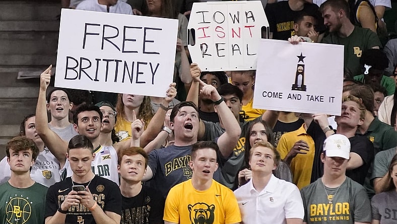 Mar 5, 2022; Waco, Texas, USA; The Baylor Student section hold ups a  Free Brittney  sign for Brittney Griner as she is currently being detain in Russia, during the first half of a game against the Iowa State Cyclones at Ferrell Center. Mandatory Credit: Raymond Carlin III-USA TODAY Sports