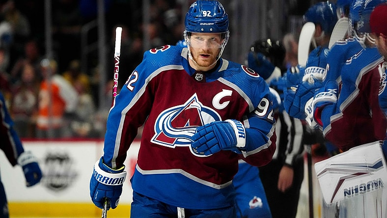 Mar 5, 2022; Denver, Colorado, USA; Colorado Avalanche left wing Gabriel Landeskog (92) celebrates his first period  goal against the Calgary Flames at Ball Arena. Mandatory Credit: Ron Chenoy-USA TODAY Sports