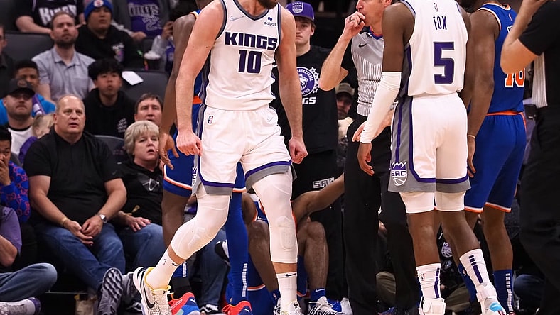Mar 7, 2022; Sacramento, California, USA; Sacramento Kings center Domantas Sabonis (10) reacts after being called for a foul against the New York Knicks during the fourth quarter at Golden 1 Center. Mandatory Credit: Kelley L Cox-USA TODAY Sports