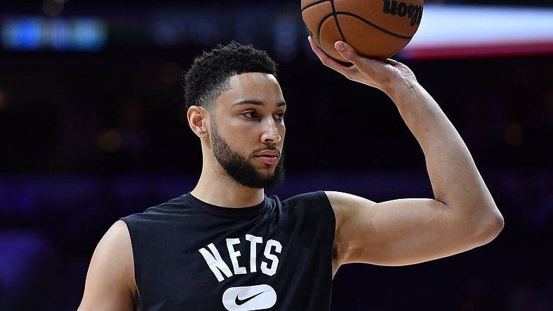 Mar 10, 2022; Philadelphia, Pennsylvania, USA; Brooklyn Nets guard Ben Simmons (10) during warmups before the game against the Philadelphia 76ers at Wells Fargo Center. Mandatory Credit: Eric Hartline-USA TODAY Sports