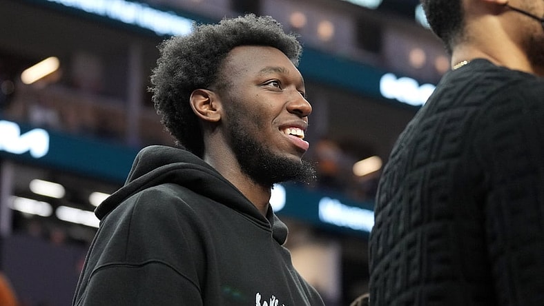 Mar 12, 2022; San Francisco, California, USA; Golden State Warriors center James Wiseman (33) stands in front of the bench during the second quarter against the Milwaukee Bucks at Chase Center. Mandatory Credit: Darren Yamashita-USA TODAY Sports