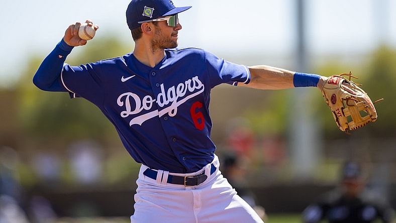 Mar 22, 2022; Phoenix, Arizona, USA; Los Angeles Dodgers third baseman Trea Turner against the Cincinnati Reds during a spring training game at Camelback Ranch-Glendale. Mandatory Credit: Mark J. Rebilas-USA TODAY Sports