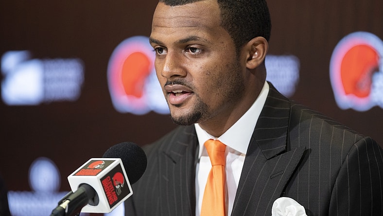 Mar 25, 2022; Berea, OH, USA; Cleveland Browns quarterback Deshaun Watson talks with the media during a press conference at the CrossCountry Mortgage Campus. Mandatory Credit: Ken Blaze-USA TODAY Sports