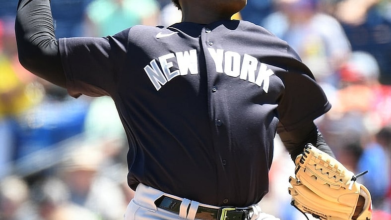 Mar 25, 2022; Clearwater, Florida, USA; New York Yankees pitcher Luis Severino (40) throws a pitch in the first inning against the Philadelphia Phillies during spring training at BayCare Ballpark. Mandatory Credit: Jonathan Dyer-USA TODAY Sports