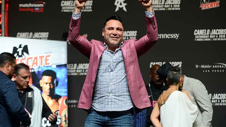 May 3, 2019; Las Vegas, NV, USA; Former boxing champion and promoter Oscar De La Hoya during weigh ins for the middleweight championship boxing match between Canelo Alvarez (not pictured) and Daniel Jacobs (not pictured) at T-Mobile Arena. Mandatory Credit: Joe Camporeale-USA TODAY Sports