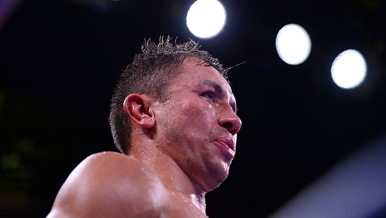Oct 5, 2019; New York, NY, USA; Gennadiy Golovkin (white trunks) and Sergiy Derevyanchenko (gold trunks) box during the IBF World Middleweight Championship boxing match at Madison Square Garden. Golovkin won via unanimous decision. Mandatory Credit: Joe Camporeale-USA TODAY Sports