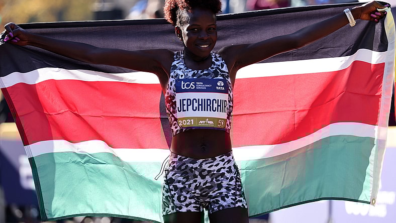 Nov 7, 2021; New York, New York, USA;  Peres Jepchirchir, of Kenya, crossed the finish line in first place with a time of 2:22:39 at the New York City Marathon.   Mandatory Credit: Kevin R. Wexler-USA TODAY Sports