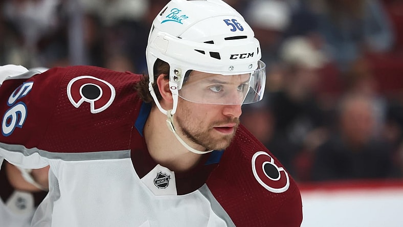 Jan 15, 2022; Glendale, Arizona, USA; Colorado Avalanche defenseman Kurtis MacDermid (56) against the Arizona Coyotes at Gila River Arena. Mandatory Credit: Mark J. Rebilas-USA TODAY Sports