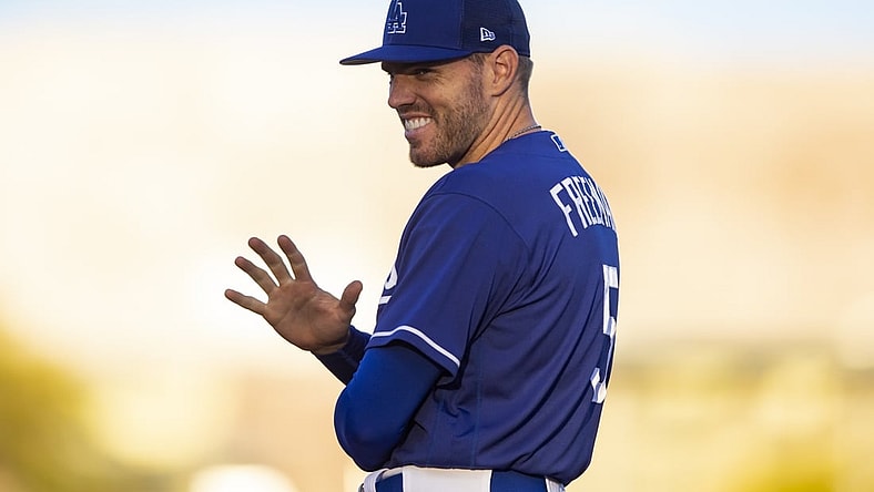 Mar 29, 2022; Phoenix, Arizona, USA; Los Angeles Dodgers infielder Freddie Freeman against the Oakland Athletics during spring training at Camelback Ranch-Glendale. Mandatory Credit: Mark J. Rebilas-USA TODAY Sports