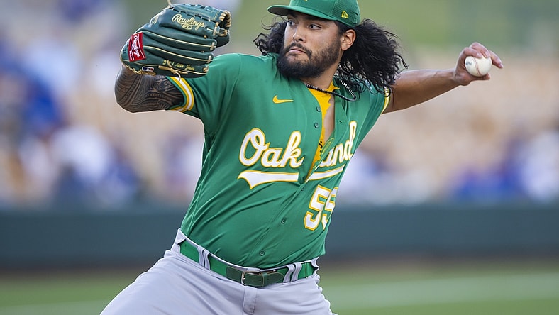 Mar 29, 2022; Phoenix, Arizona, USA; Oakland Athletics pitcher Sean Manaea against the Los Angeles Dodgers during spring training at Camelback Ranch-Glendale. Mandatory Credit: Mark J. Rebilas-USA TODAY Sports