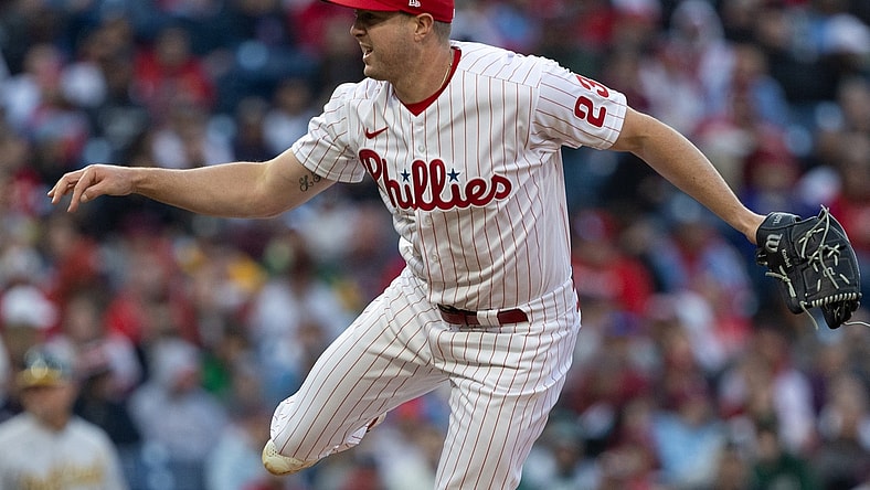 Apr 9, 2022; Philadelphia, Pennsylvania, USA; Philadelphia Phillies relief pitcher Corey Knebel (23) throws a pitch during the ninth inning against the Oakland Athletics at Citizens Bank Park. Mandatory Credit: Bill Streicher-USA TODAY Sports