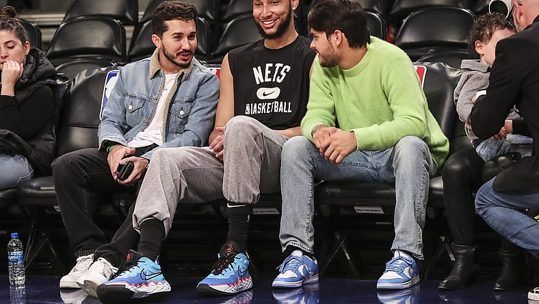 Apr 10, 2022; Brooklyn, New York, USA; Brooklyn Nets guard Ben Simmons (10) talks with fans prior to the game against the Indiana Pacers at Barclays Center. Mandatory Credit: Wendell Cruz-USA TODAY Sports