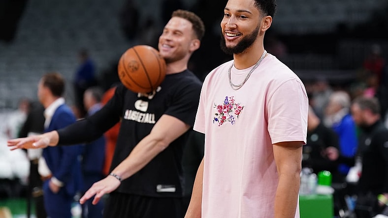 Apr 17, 2022; Boston, Massachusetts, USA; Brooklyn Nets forward Blake Griffin (2) and guard Ben Simmons (10) on the court before the start of the first round against the Boston Celtics for the 2022 NBA playoffs at TD Garden. Mandatory Credit: David Butler II-USA TODAY Sports