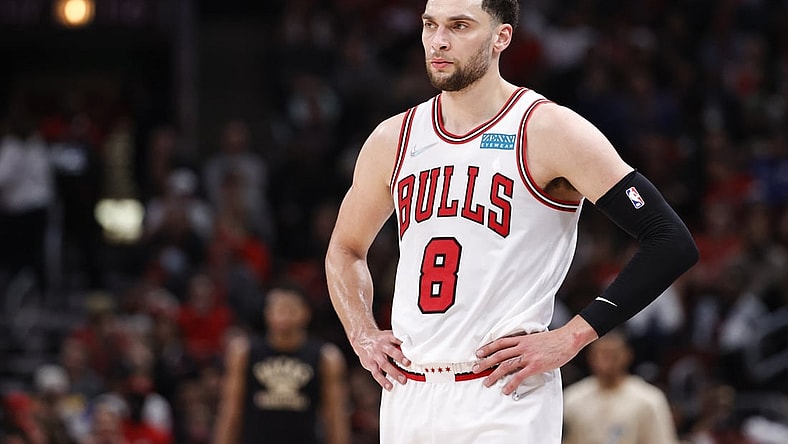 Apr 22, 2022; Chicago, Illinois, USA; Chicago Bulls guard Zach LaVine (8) looks on during the second half of game three of the first round for the 2022 NBA playoffs against the Milwaukee Bucks at United Center. Mandatory Credit: Kamil Krzaczynski-USA TODAY Sports