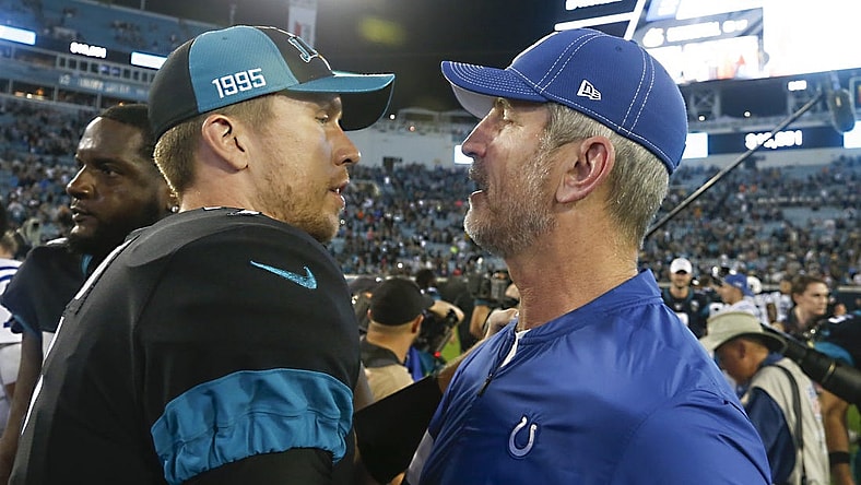 Dec 29, 2019; Jacksonville, Florida, USA; Jacksonville Jaguars quarterback Nick Foles (7) talks with Indianapolis Colts head coach Frank Reich after the game at TIAA Bank Field. Mandatory Credit: Reinhold Matay-USA TODAY Sports