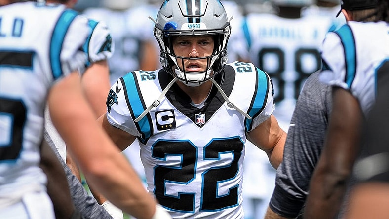 Sep 19, 2021; Charlotte, North Carolina, USA;  Carolina Panthers running back Christian McCaffrey (22) comes on to the field before the game at Bank of America Stadium. Mandatory Credit: Bob Donnan-USA TODAY Sports