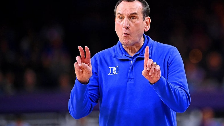 Apr 2, 2022; New Orleans, LA, USA; Duke Blue Devils head coach Mike Krzyzewski gestures to his team against the North Carolina Tar Heels during the second half during the 2022 NCAA men's basketball tournament Final Four semifinals at Caesars Superdome. Mandatory Credit: Bob Donnan-USA TODAY Sports
