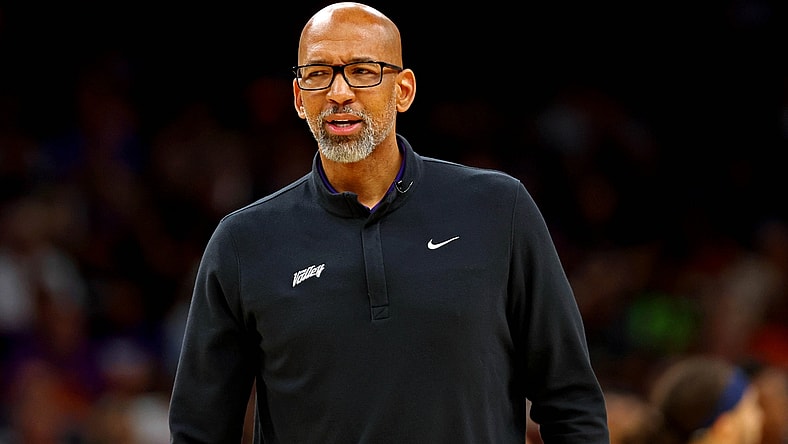 Apr 19, 2022; Phoenix, Arizona, USA; Phoenix Suns head coach Monty Williams reacts during the second quarter against the New Orleans Pelicans during game two of the first round for the 2022 NBA playoffs at Footprint Center. Mandatory Credit: Mark J. Rebilas-USA TODAY Sports