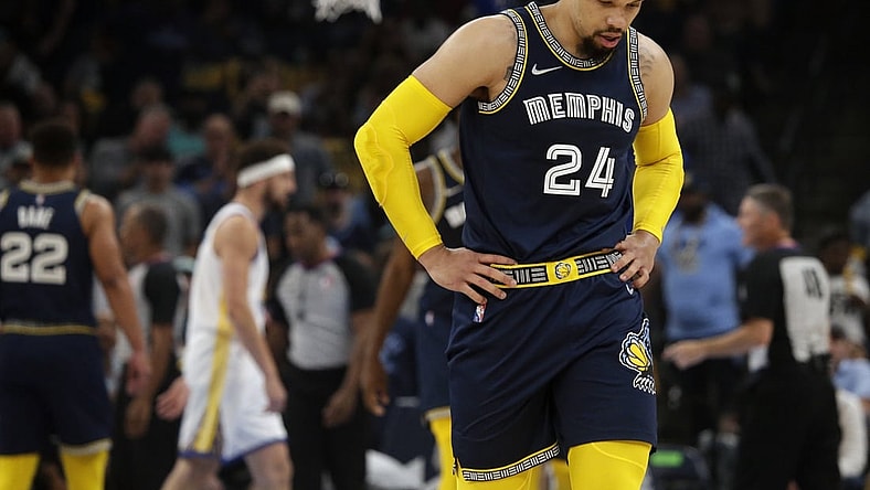 May 3, 2022; Memphis, Tennessee, USA; Memphis Grizzlies guard Dillon Brooks (24) walks off the court after a flagrant two foul was call on him during the first half in game two of the second round for the 2022 NBA playoffs against the Golden State Warriors at FedExForum. Mandatory Credit: Petre Thomas-USA TODAY Sports