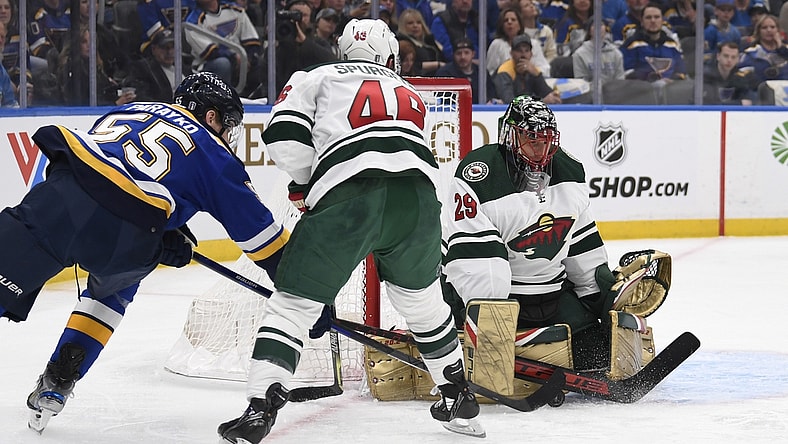 May 6, 2022; St. Louis, Missouri, USA; Minnesota Wild goaltender Marc-Andre Fleury (29) and defenseman Jared Spurgeon (46) defend the net from St. Louis Blues defenseman Colton Parayko (55) during the first period in game three of the first round of the 2022 Stanley Cup Playoffs at Enterprise Center. Mandatory Credit: Jeff Le-USA TODAY Sports