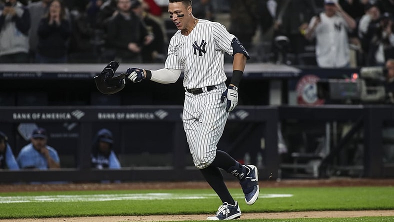 May 10, 2022; Bronx, New York, USA;  New York Yankees center fielder Aaron Judge (99) rounds the bases after hitting a walk-off three-run home run to defeat the Toronto Blue Jays 6-5 at Yankee Stadium. Mandatory Credit: Wendell Cruz-USA TODAY Sports