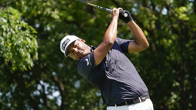 May 14, 2022; McKinney, Texas, USA; Sebastian Munoz plays his shot from the second tee during the third round of the AT&T Byron Nelson golf tournament. Mandatory Credit: Raymond Carlin III-USA TODAY Sports