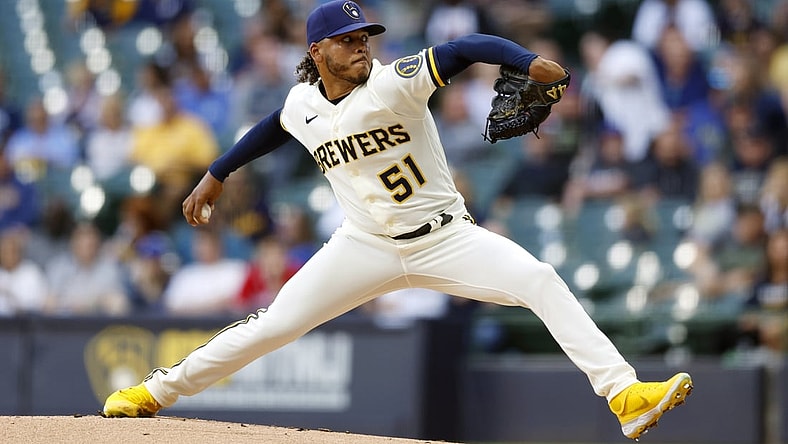 May 16, 2022; Milwaukee, Wisconsin, USA;  Milwaukee Brewers pitcher Freddy Peralta (51) throws a pitch during the first inning against the Atlanta Braves at American Family Field. Mandatory Credit: Jeff Hanisch-USA TODAY Sports