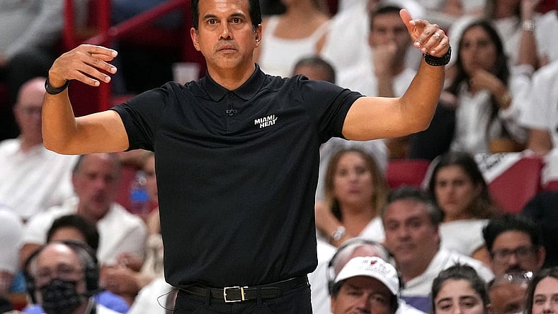 May 17, 2022; Miami, Florida, USA; Miami Heat head coach Erik Spoelstra reacts courtside against the Boston Celtics during the first half of game one of the 2022 eastern conference finals at FTX Arena. Mandatory Credit: Jasen Vinlove-USA TODAY Sports