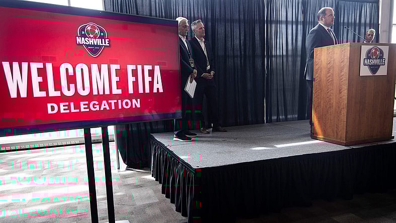 CONCACAF President and FIFA Vice President Victor Montagliani takes questions form the media during a press conference at Nissan Stadium Thursday, Sept. 16, 2021 in Nashville, Tenn. A 24-member visiting delegation from FIFA and CONCACAF spent the day in Nashville touring Nissan Stadium and viewing potential Fan Fest sites downtown as the city tries to become a host site for the FIFA World Cup in 2026.

Nas Fifa World Cup Visit 005