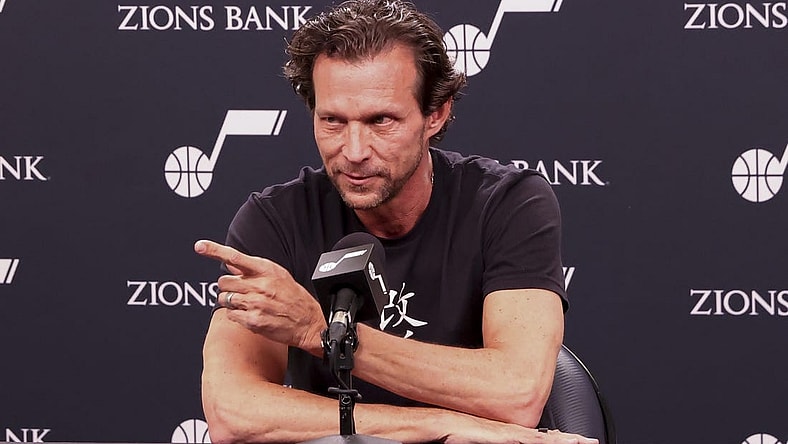 Apr 8, 2022; Salt Lake City, Utah, USA; Utah Jazz head coach Quin Snyder addresses the media prior to a game against the Phoenix Suns at Vivint Arena. Mandatory Credit: Rob Gray-USA TODAY Sports