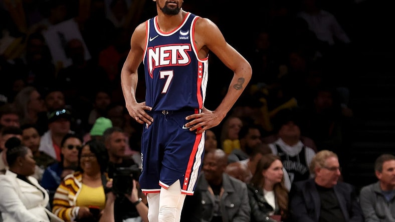 Apr 25, 2022; Brooklyn, New York, USA; Brooklyn Nets forward Kevin Durant (7) reacts during the second quarter of game four of the first round of the 2022 NBA playoffs against the Boston Celtics at Barclays Center. Mandatory Credit: Brad Penner-USA TODAY Sports