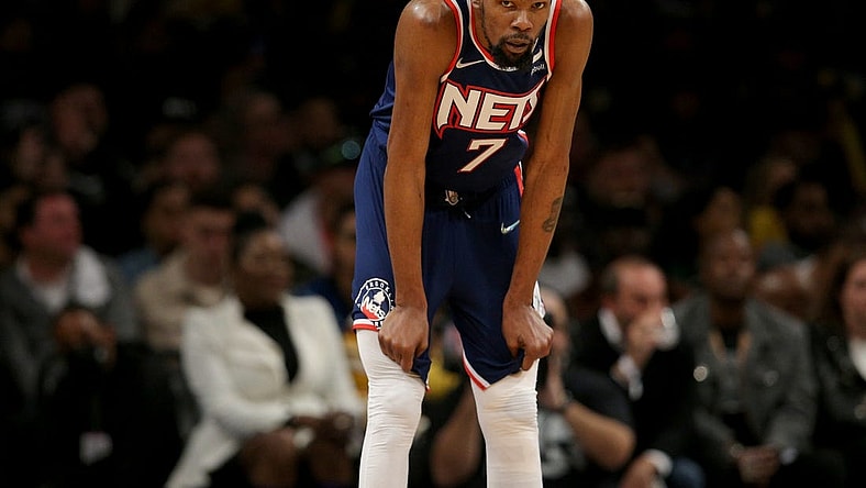 Apr 25, 2022; Brooklyn, New York, USA; Brooklyn Nets forward Kevin Durant (7) reacts during the second quarter of game four of the first round of the 2022 NBA playoffs against the Boston Celtics at Barclays Center. Mandatory Credit: Brad Penner-USA TODAY Sports
