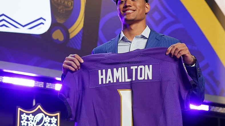 Apr 28, 2022; Las Vegas, NV, USA; Notre Dame safety Kyle Hamilton after being selected as the fourteenth overall pick to the Baltimore Ravens during the first round of the 2022 NFL Draft at the NFL Draft Theater. Mandatory Credit: Kirby Lee-USA TODAY Sports